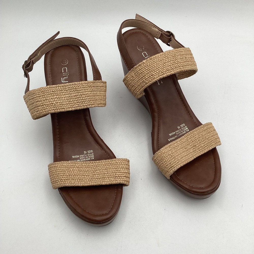 City‎ Chic Floria Wedge Sandals Brown Tan Woven Straps Platform Heels Size 42